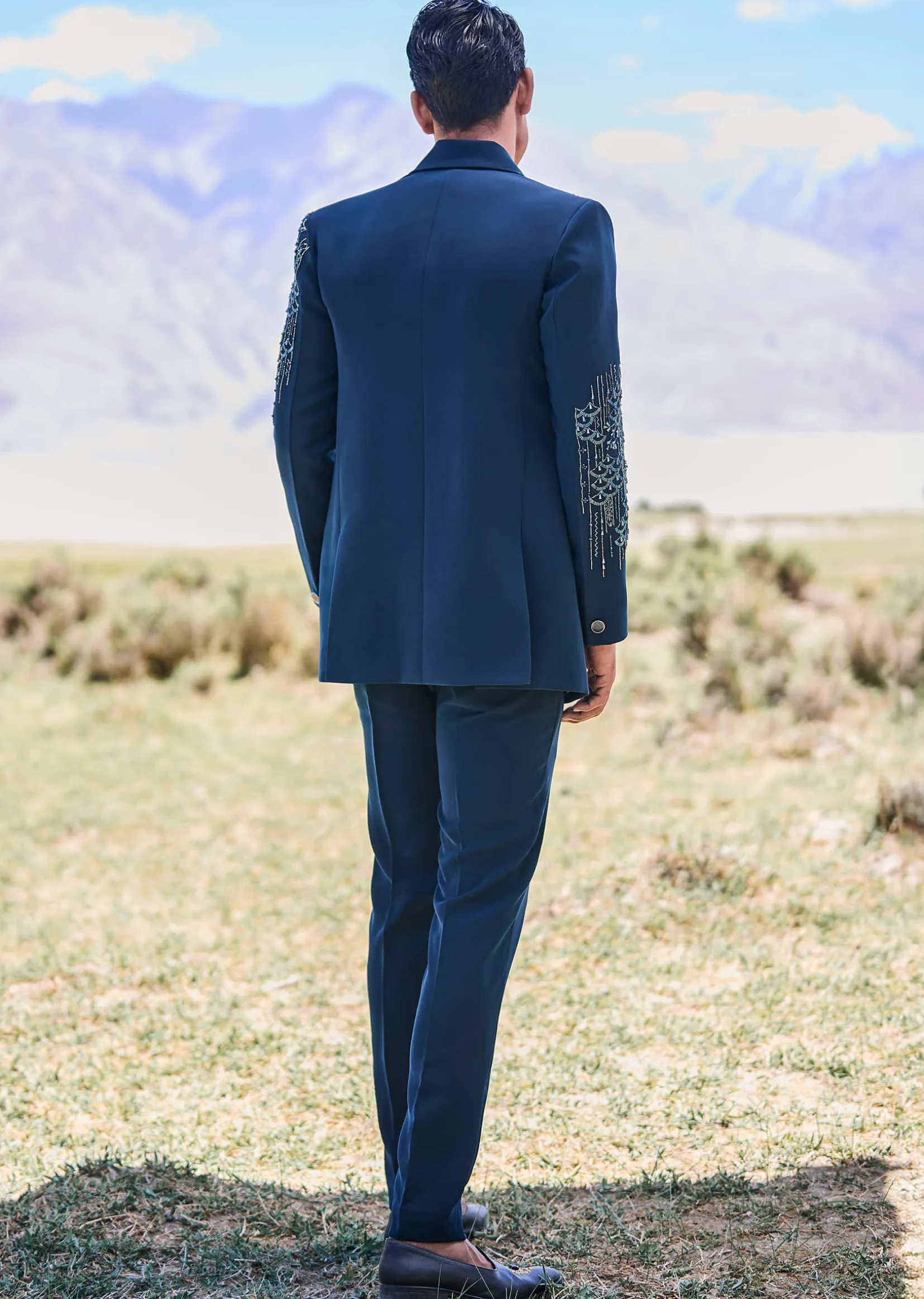Blue Teal Embroidered Blazer Set