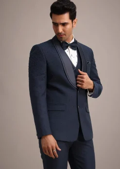 Blue Terry Rayon Tuxedo Set With Hand Work
