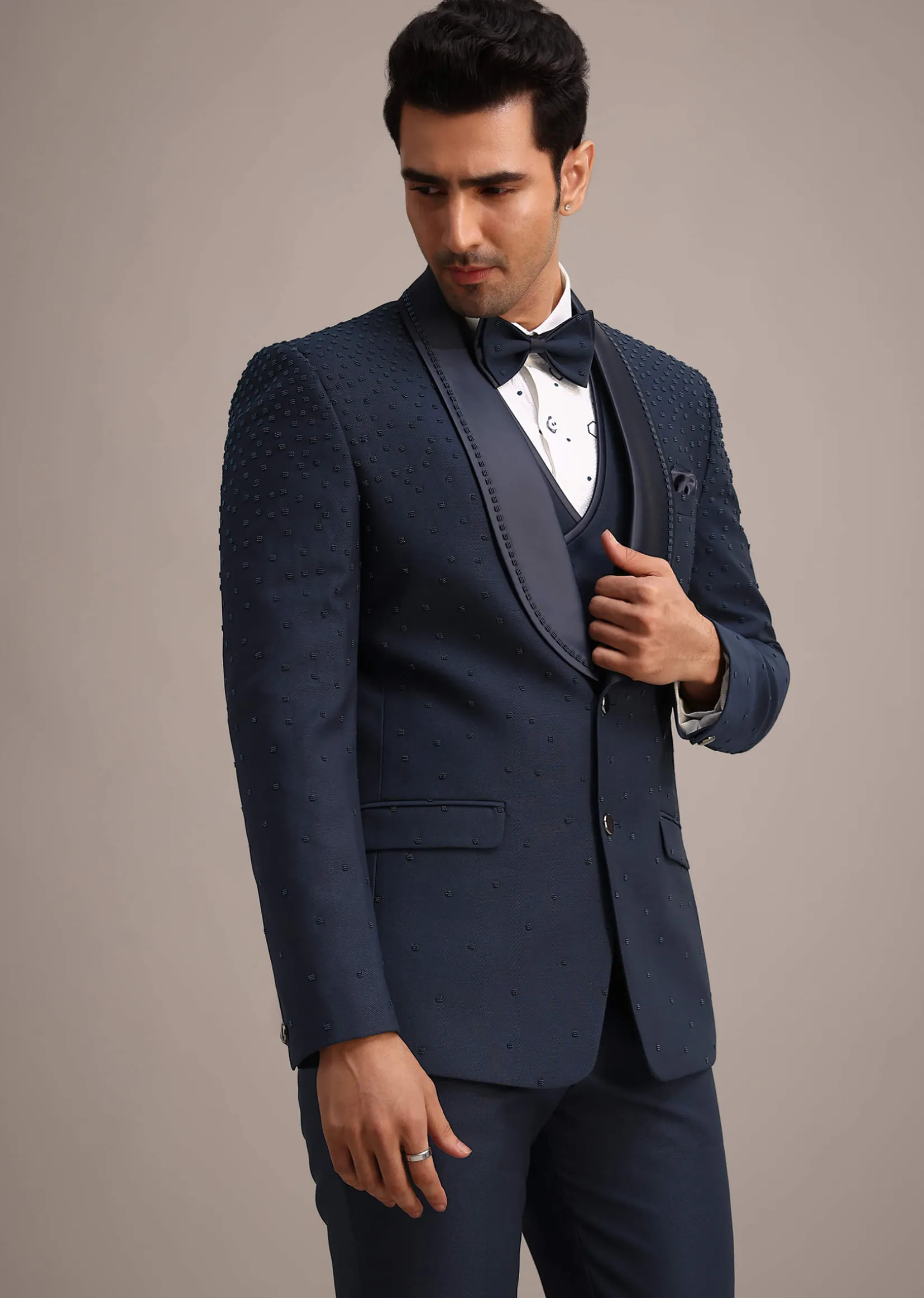 Blue Terry Rayon Tuxedo Set With Hand Work