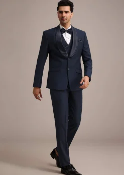 Blue Terry Rayon Tuxedo Set With Hand Work