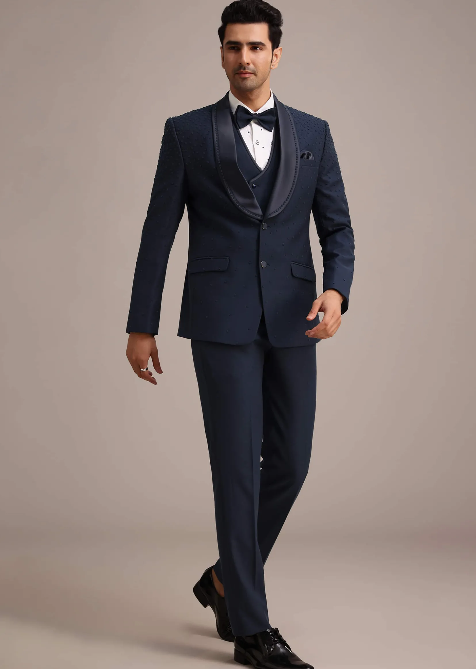 Blue Terry Rayon Tuxedo Set With Hand Work