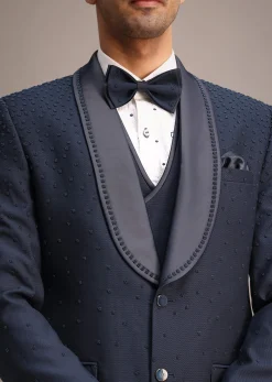 Blue Terry Rayon Tuxedo Set With Hand Work
