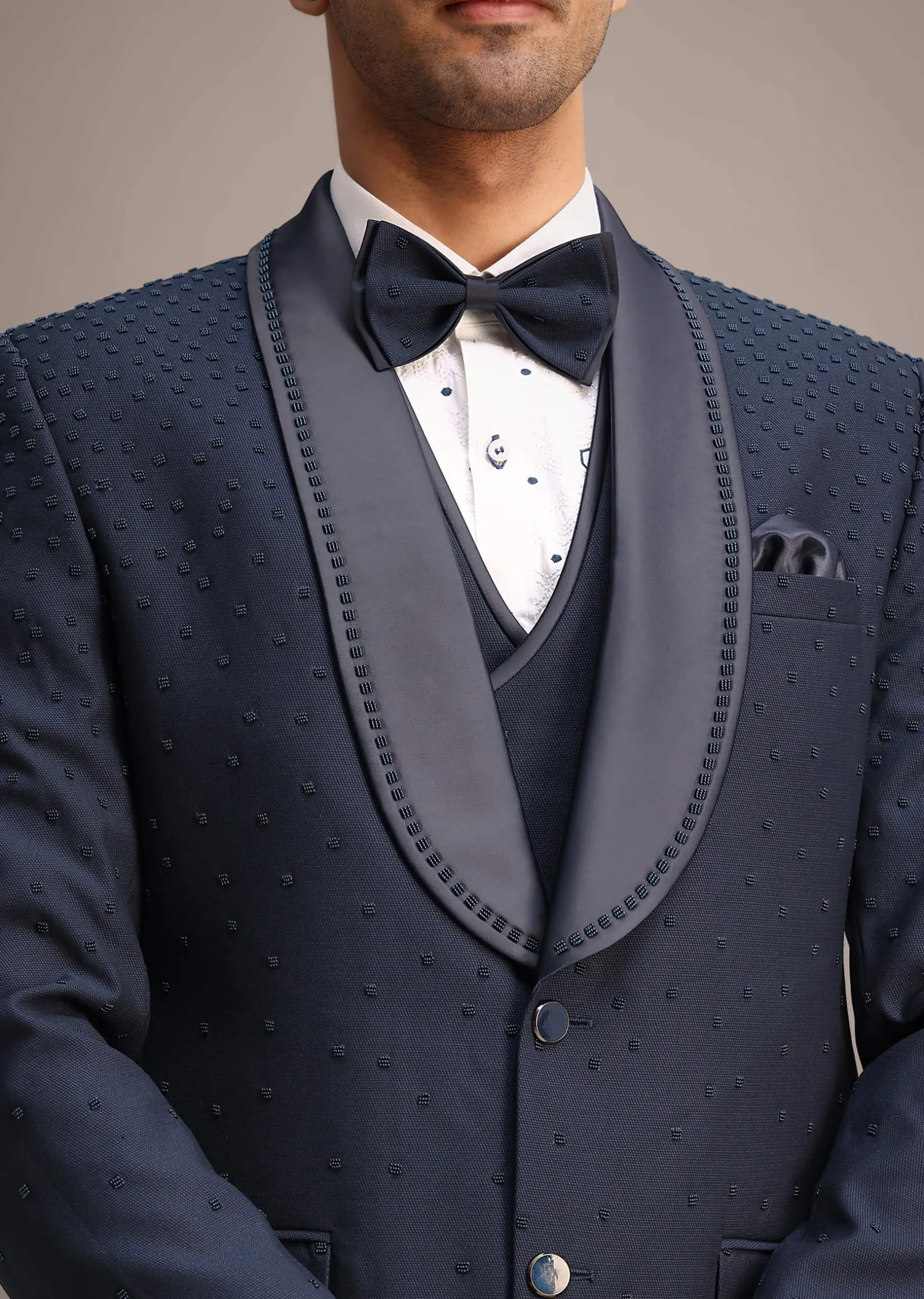 Blue Terry Rayon Tuxedo Set With Hand Work