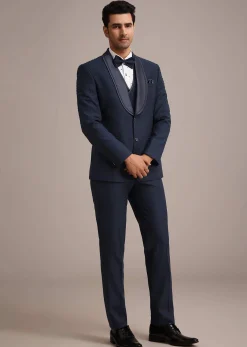 Blue Terry Rayon Tuxedo Set With Hand Work