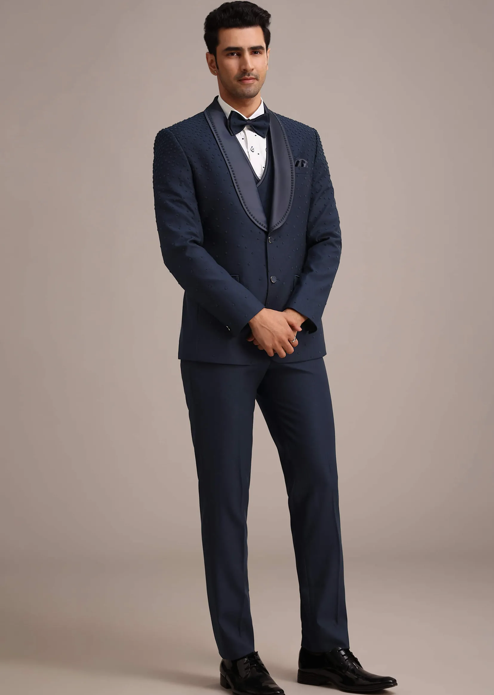 Blue Terry Rayon Tuxedo Set With Hand Work