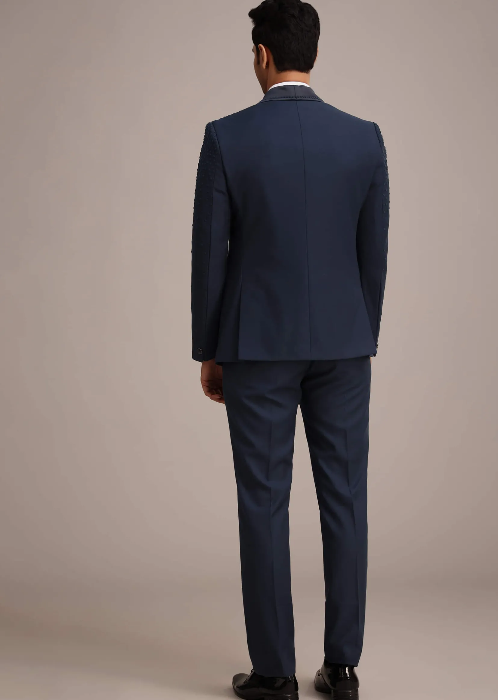 Blue Terry Rayon Tuxedo Set With Hand Work