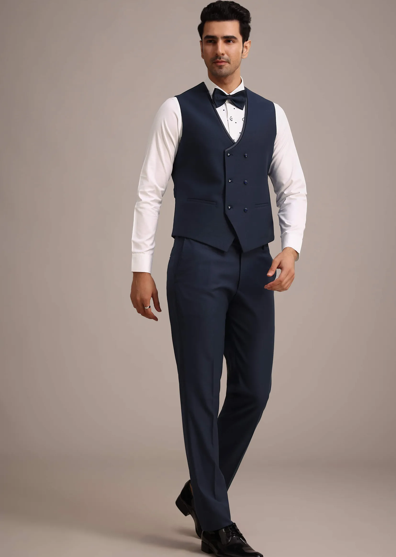 Blue Terry Rayon Tuxedo Set With Hand Work