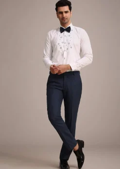 Blue Terry Rayon Tuxedo Set With Hand Work