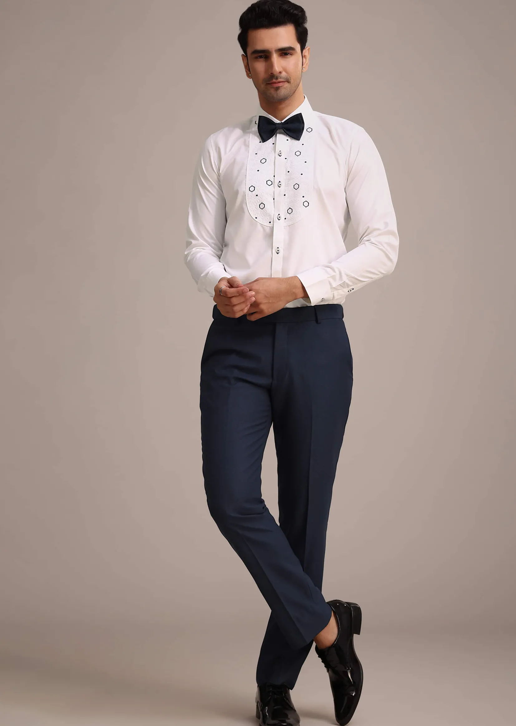 Blue Terry Rayon Tuxedo Set With Hand Work