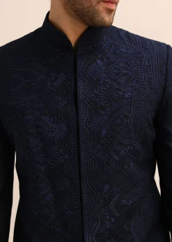 Blue Thread Work Jodhpuri Suit For Men