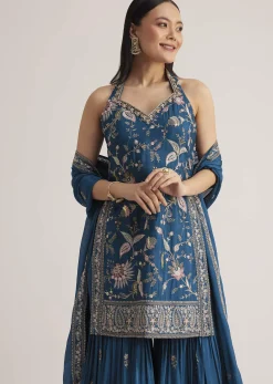 Blue Thread Work Sharara Suit With Dupatta