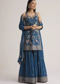 Blue Thread Work Sharara Suit With Dupatta