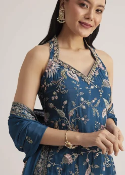 Blue Thread Work Sharara Suit With Dupatta