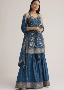 Blue Thread Work Sharara Suit With Dupatta