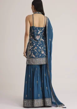 Blue Thread Work Sharara Suit With Dupatta