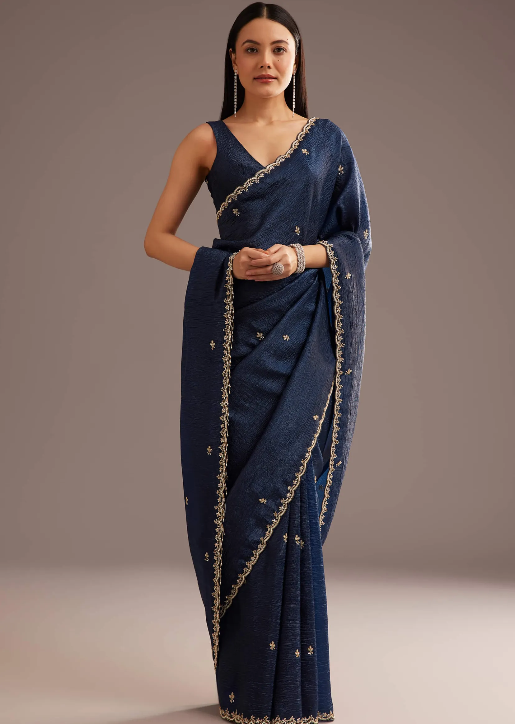 Blue Tissue Saree With Cutdana Scallop Border