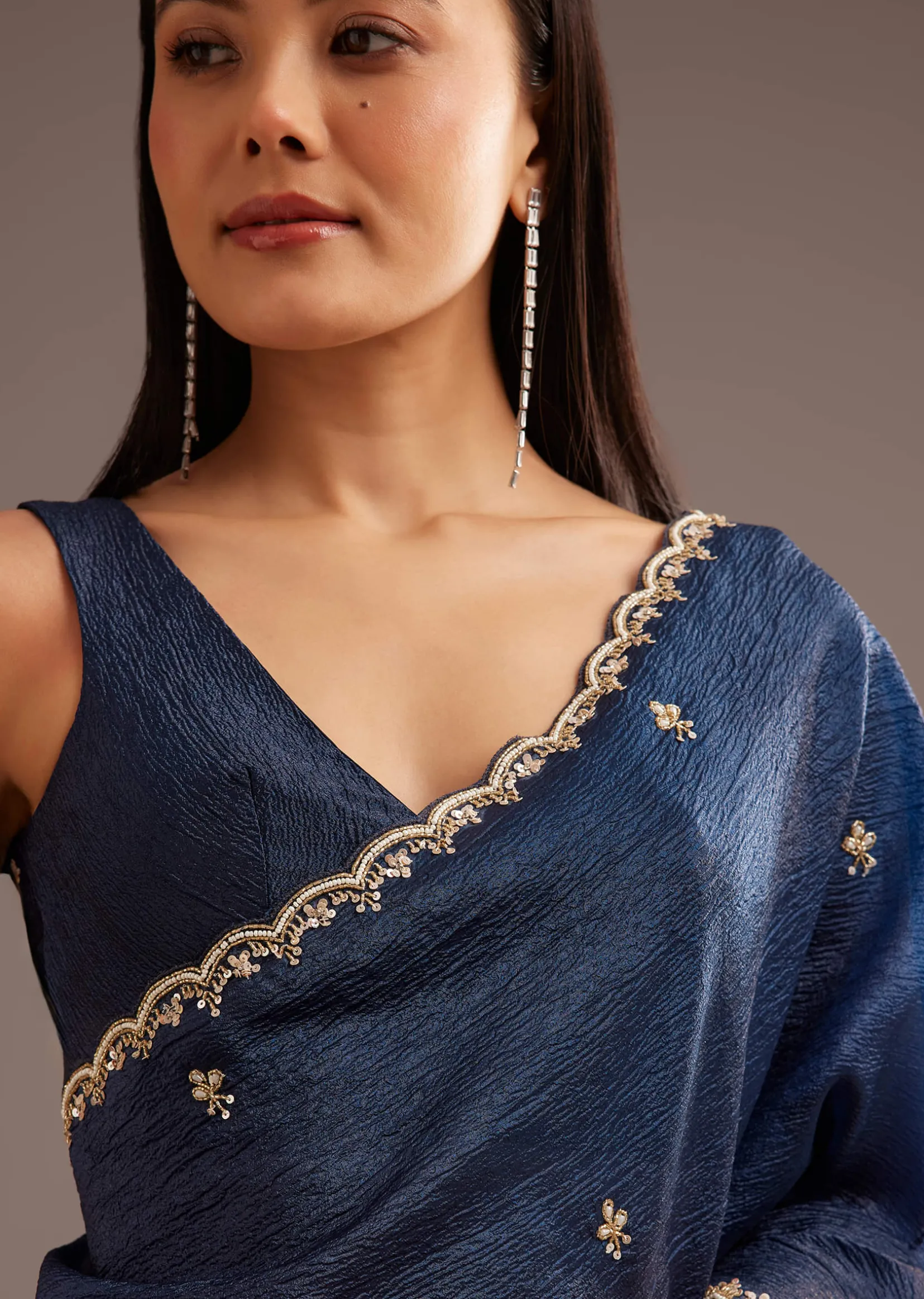 Blue Tissue Saree With Cutdana Scallop Border