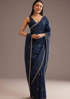 Blue Tissue Saree With Cutdana Scallop Border