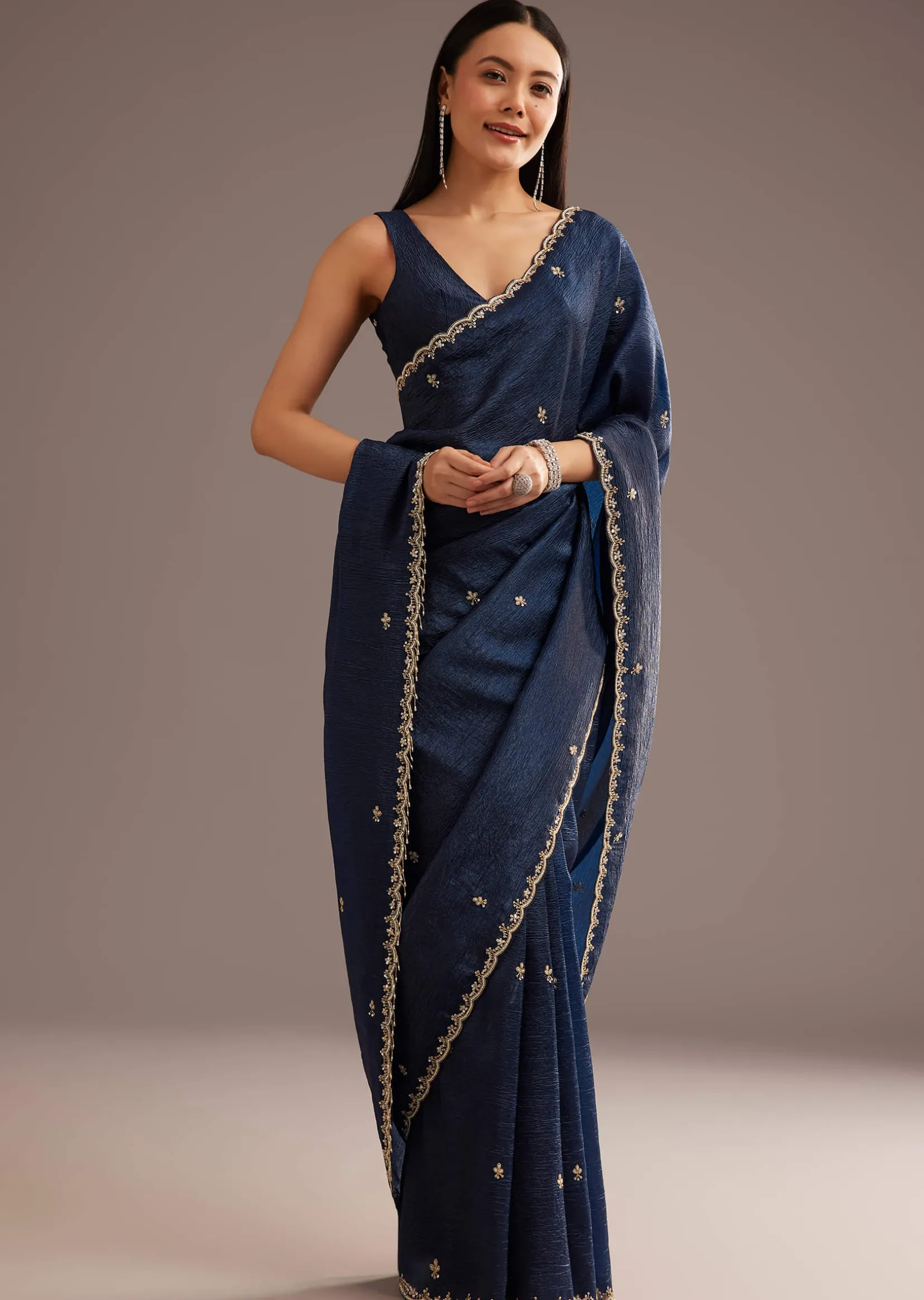 Blue Tissue Saree With Cutdana Scallop Border