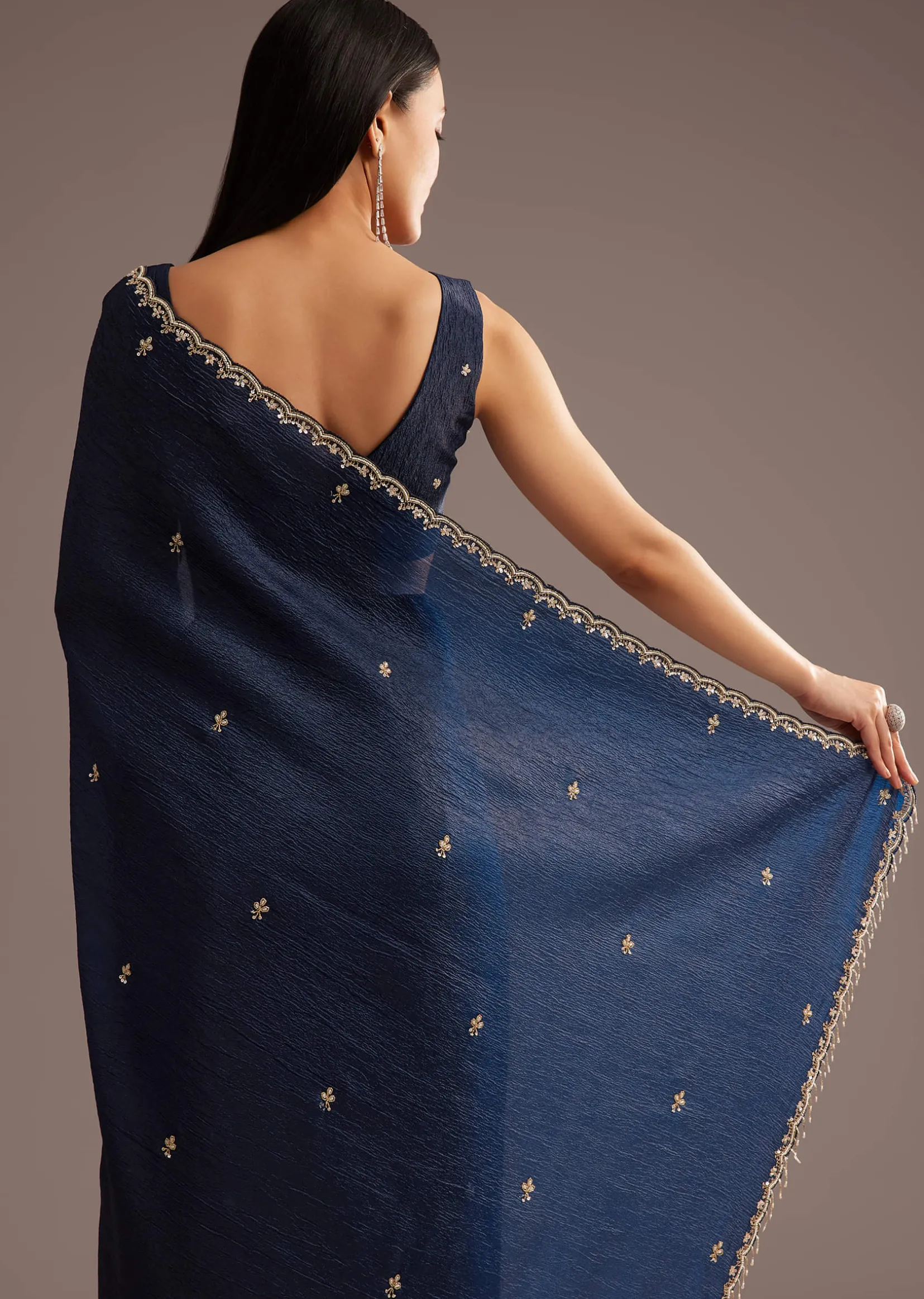 Blue Tissue Saree With Cutdana Scallop Border