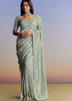Blue Tissue Saree With Cutdana Sequins And Beads Hand Embroidery