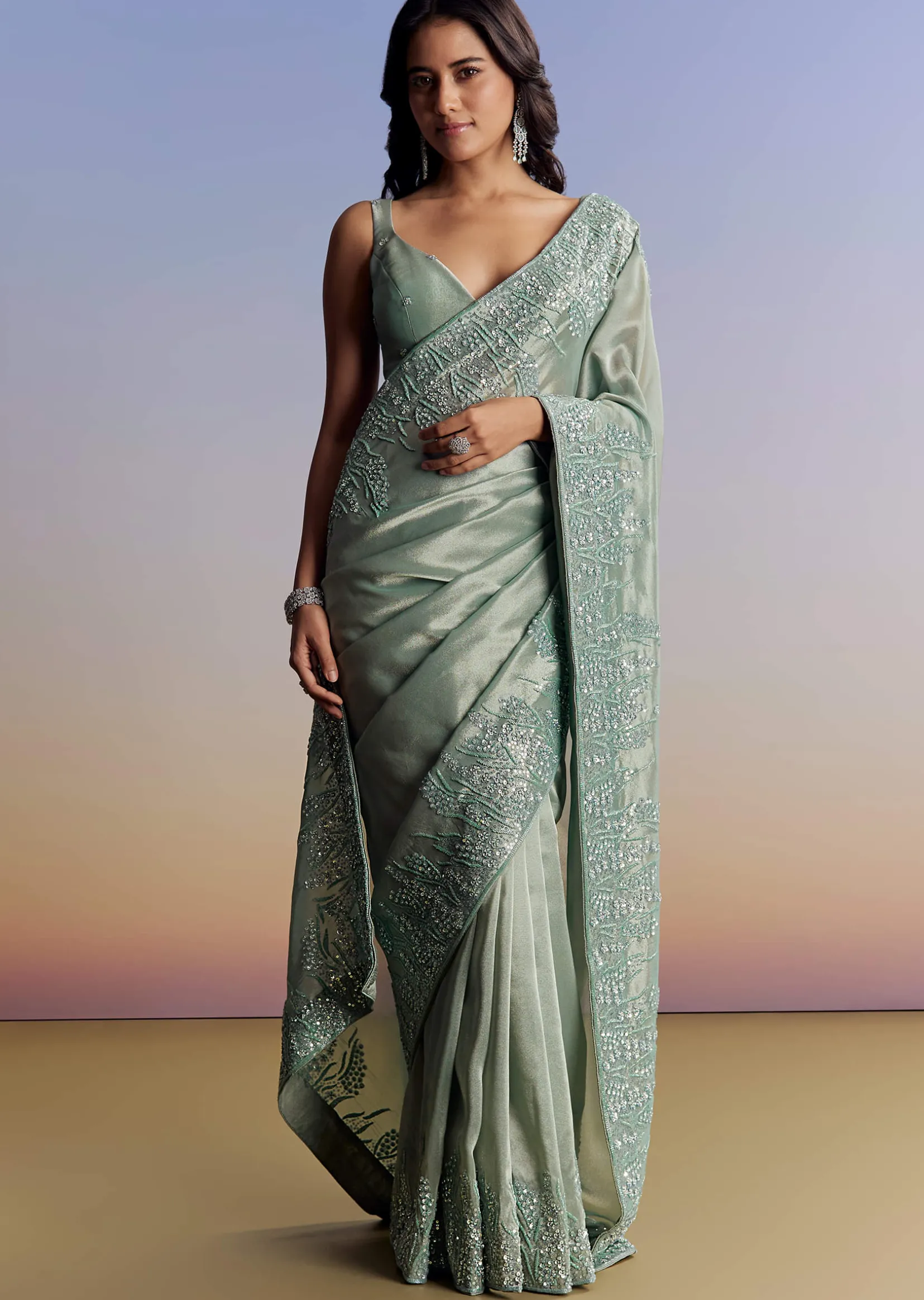 Blue Tissue Saree With Cutdana Sequins And Beads Embroidered Border