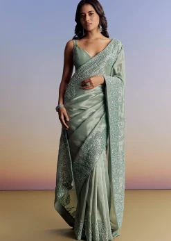 Blue Tissue Saree With Cutdana Sequins And Beads Embroidered Border