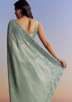 Blue Tissue Saree With Cutdana Sequins And Beads Embroidered Border
