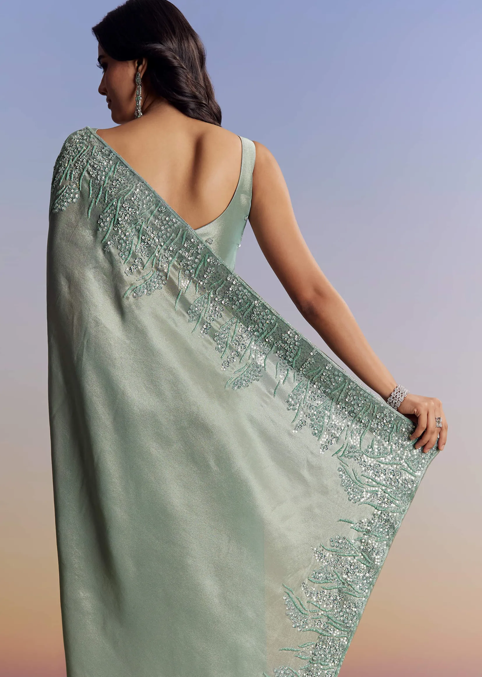 Blue Tissue Saree With Cutdana Sequins And Beads Embroidered Border