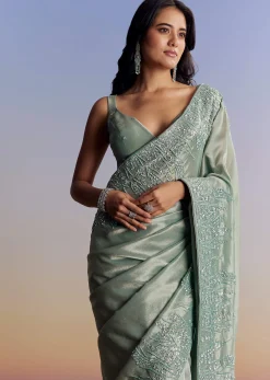 Blue Tissue Saree With Cutdana Sequins And Beads Embroidered Border