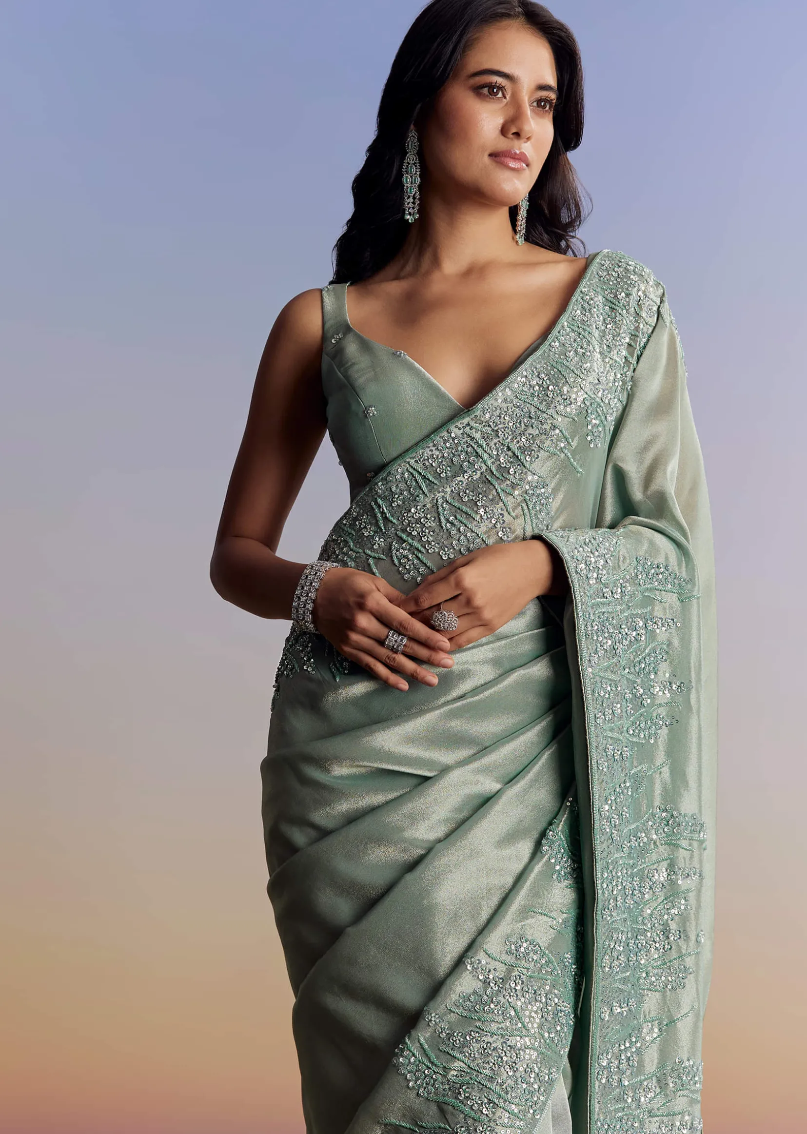 Blue Tissue Saree With Cutdana Sequins And Beads Embroidered Border