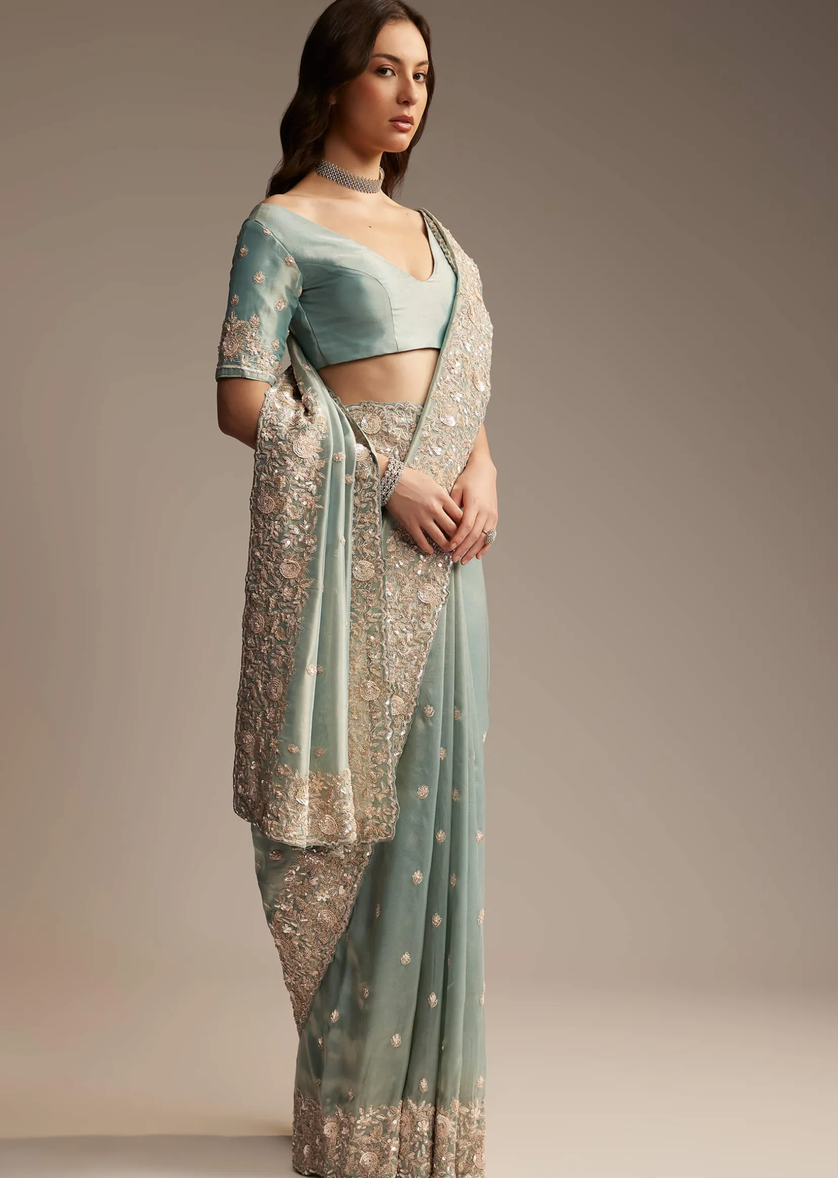 Blue Tissue Saree with Cutwork and Heavy Embroidery