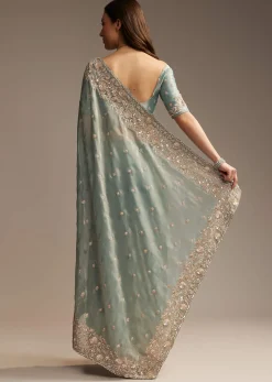 Blue Tissue Saree with Cutwork and Heavy Embroidery