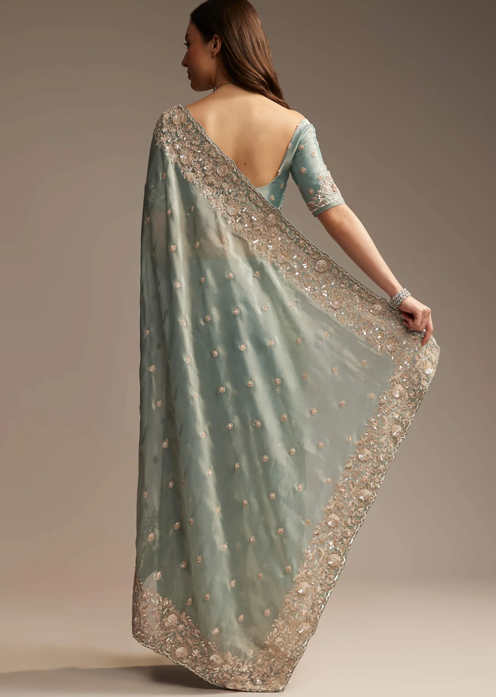 Blue Tissue Saree with Cutwork and Heavy Embroidery