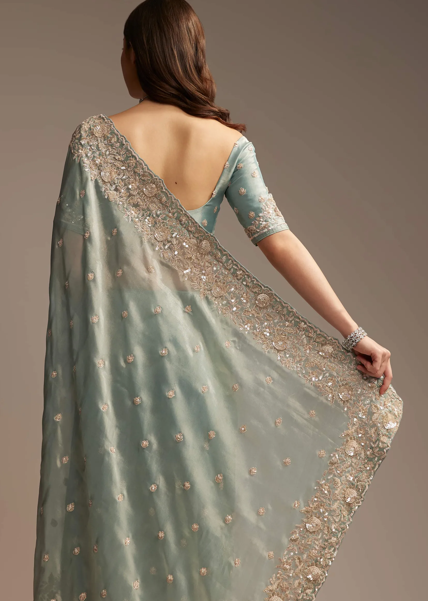 Blue Tissue Saree with Cutwork and Heavy Embroidery