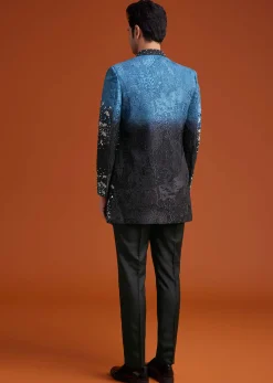 Blue To Black Ombre Indo Jacket Set With Mirror And Sequin Embellishments