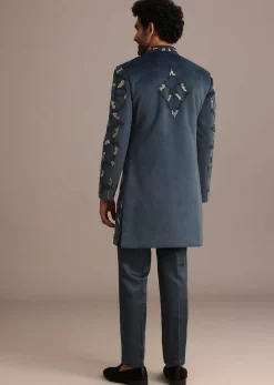 Blue Velvet Hand Embroidered Indo Western Set