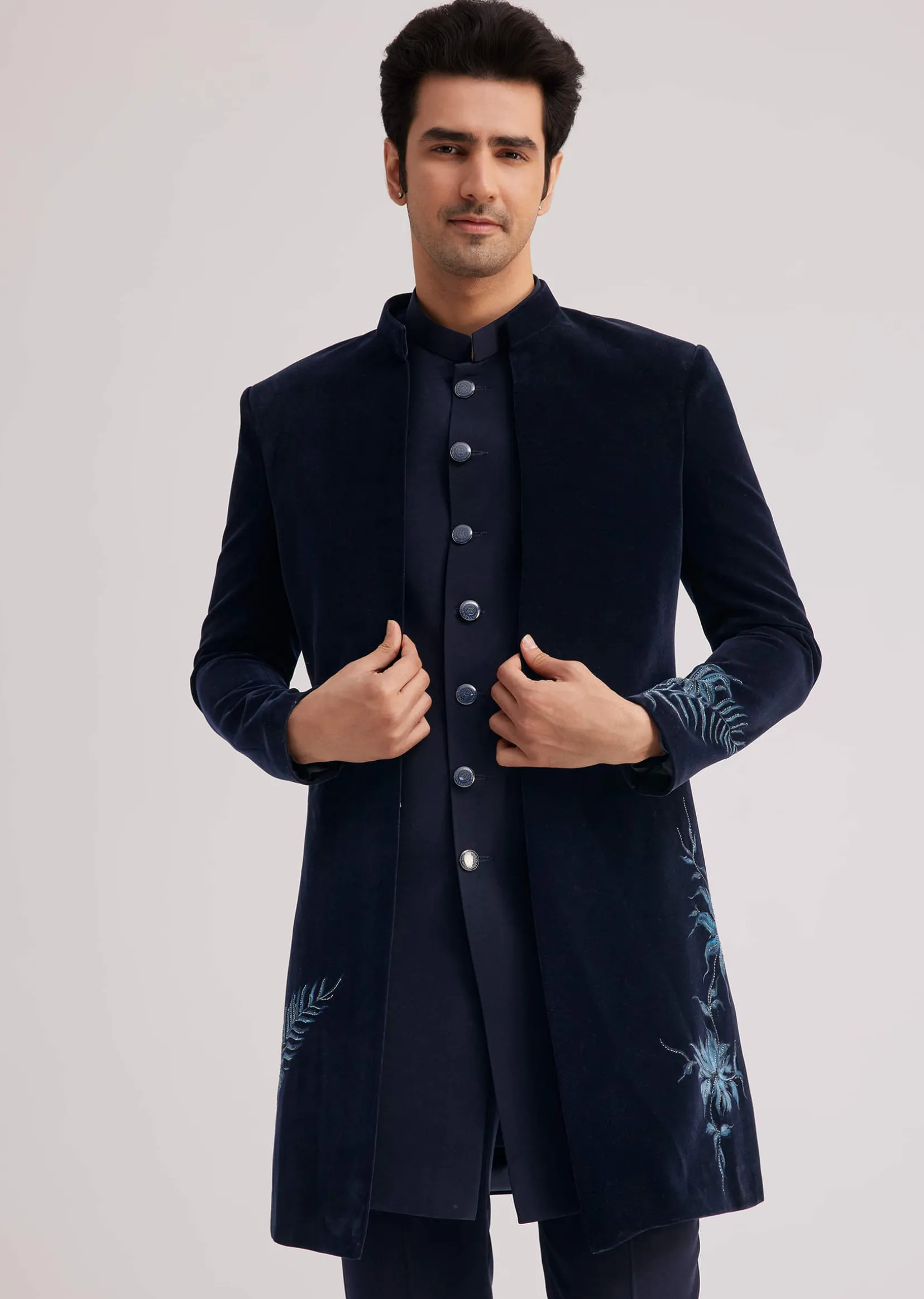 Blue Velvet Indo Jacket Set With Hand Painted Cut Dana Work