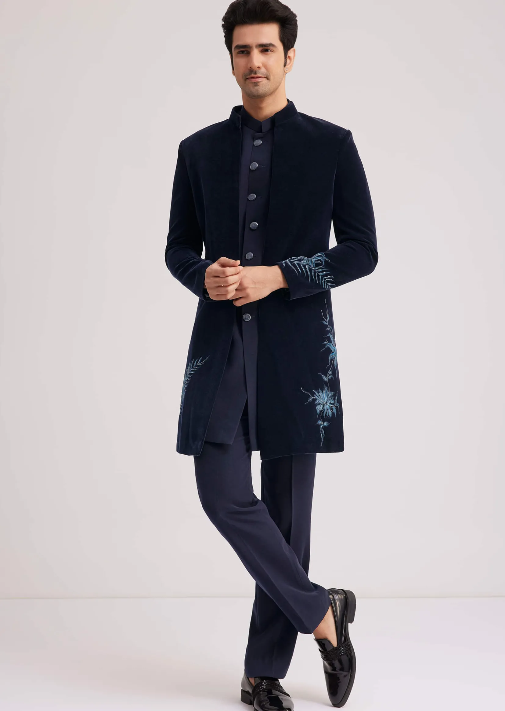 Blue Velvet Indo Jacket Set With Hand Painted Cut Dana Work