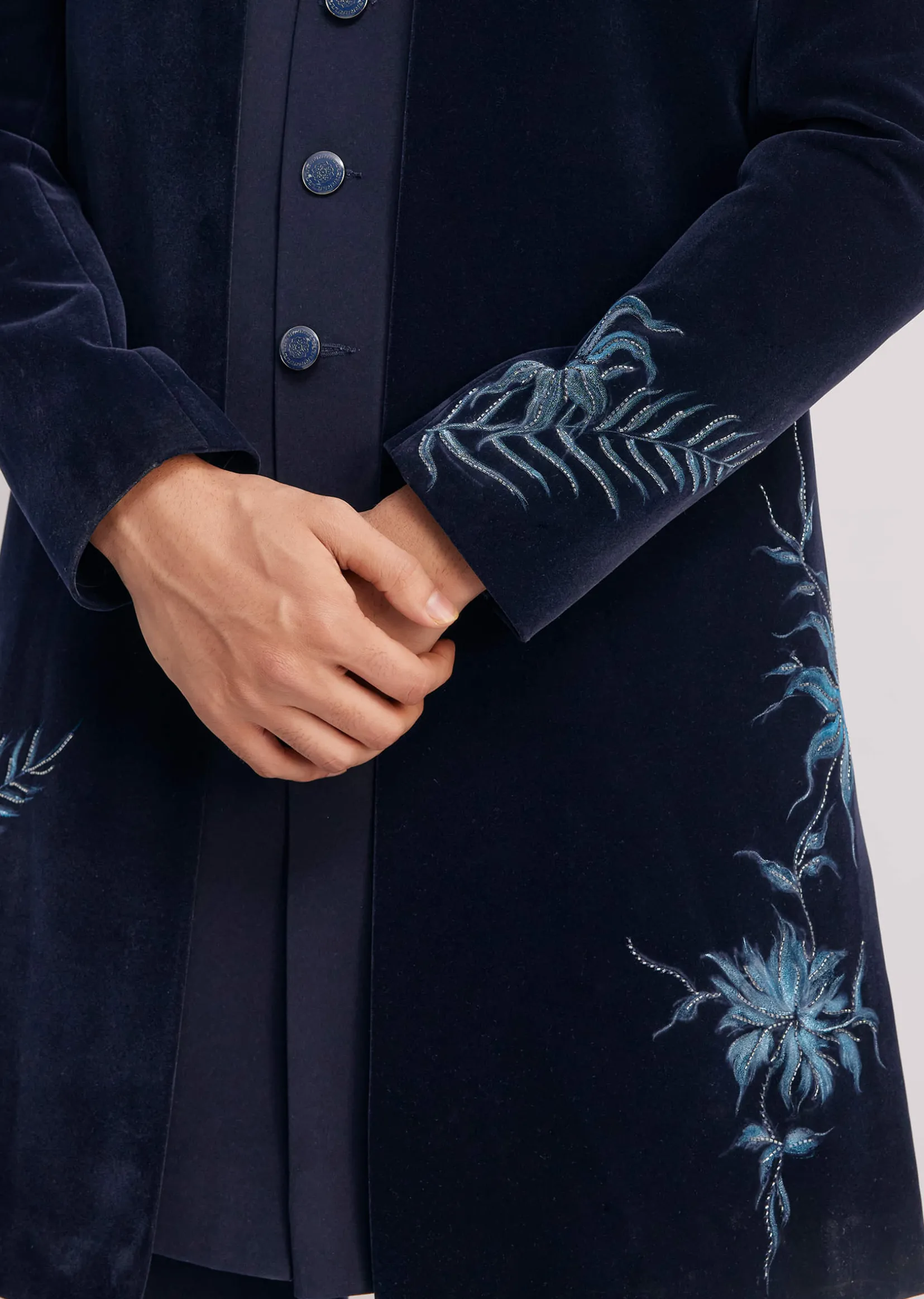 Blue Velvet Indo Jacket Set With Hand Painted Cut Dana Work