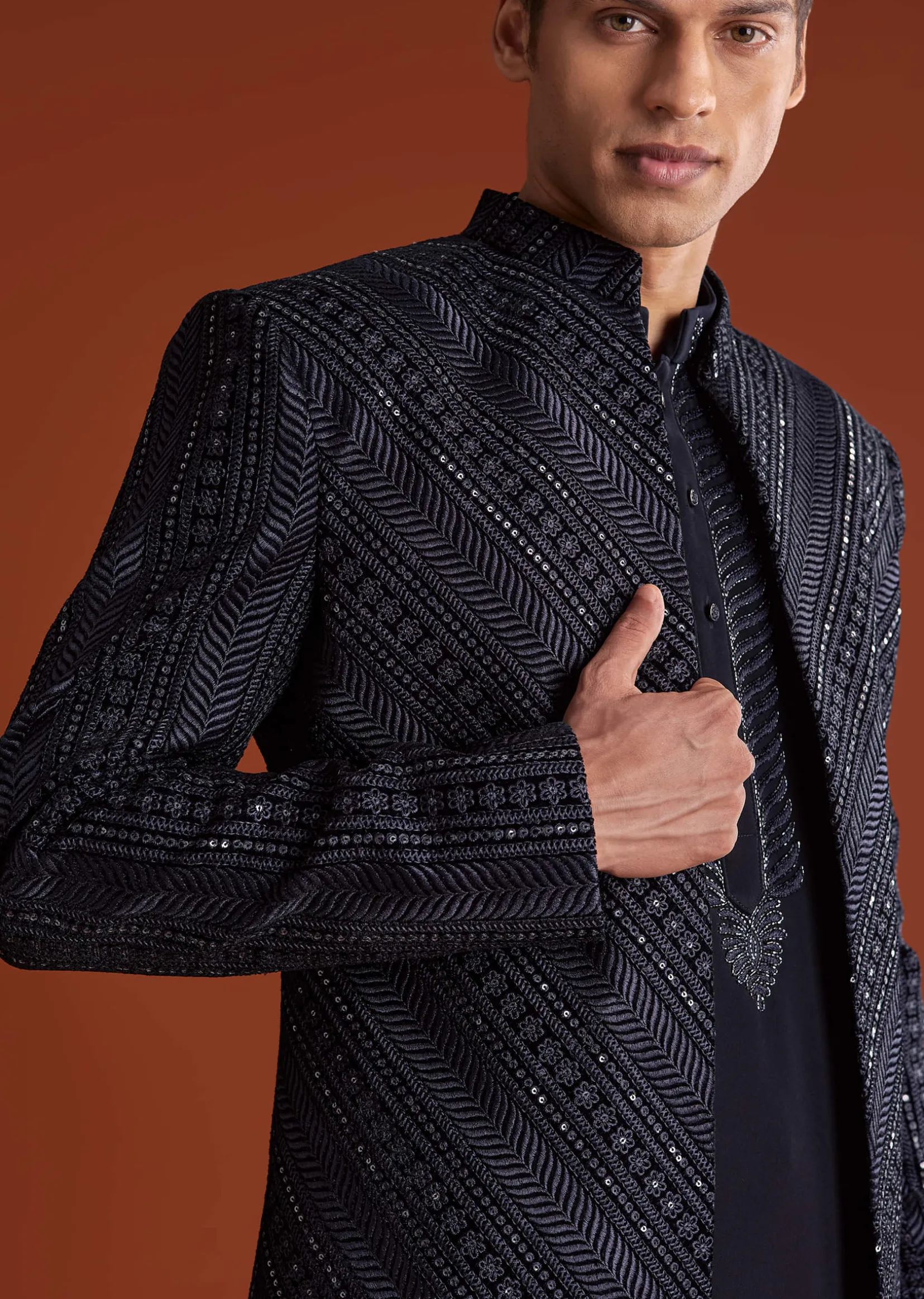 Blue Velvet Indowestern Suit With Cutdana And Thread Work
