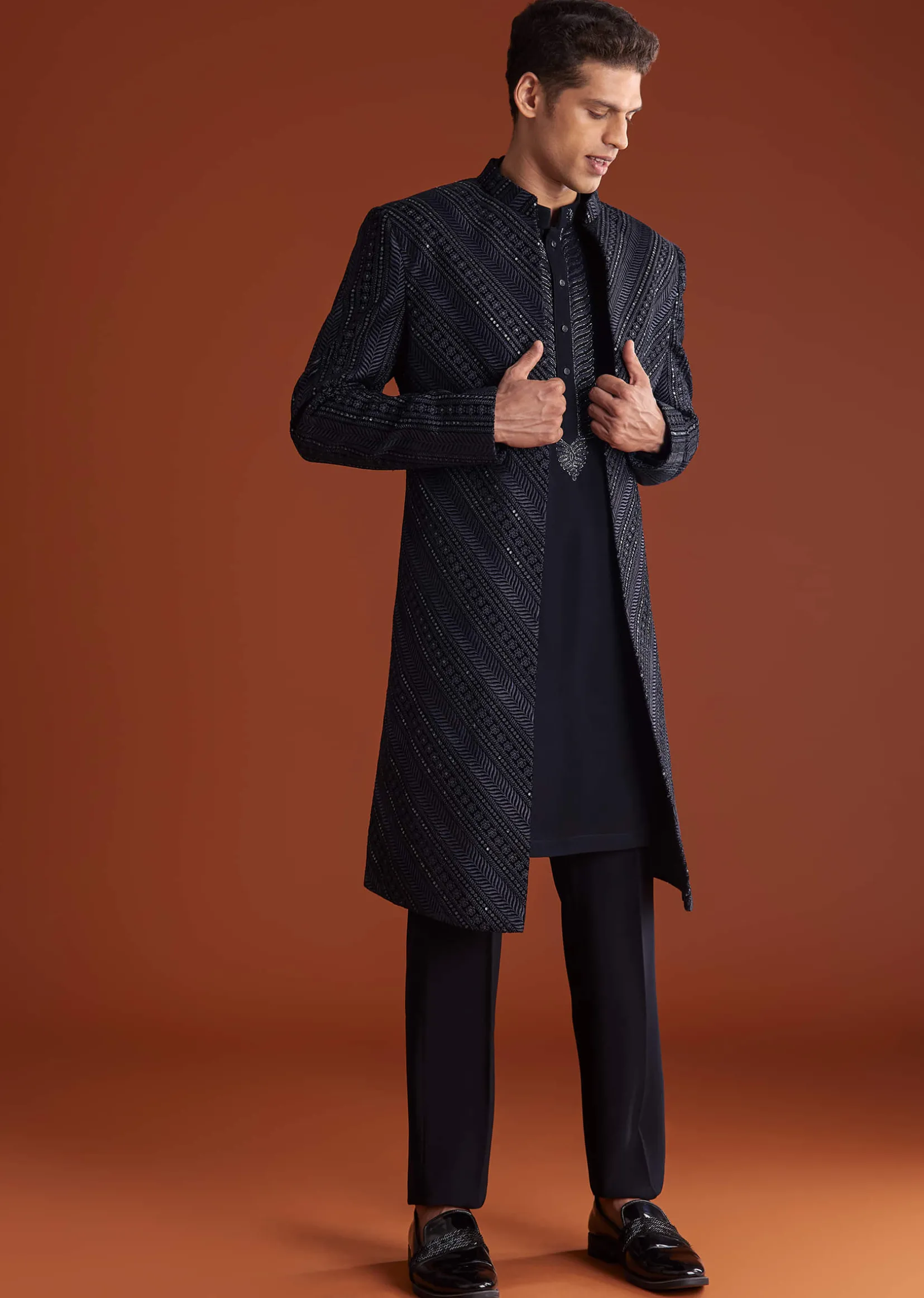 Blue Velvet Indowestern Suit With Cutdana And Thread Work