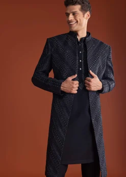 Blue Velvet Indowestern Suit With Cutdana And Thread Work