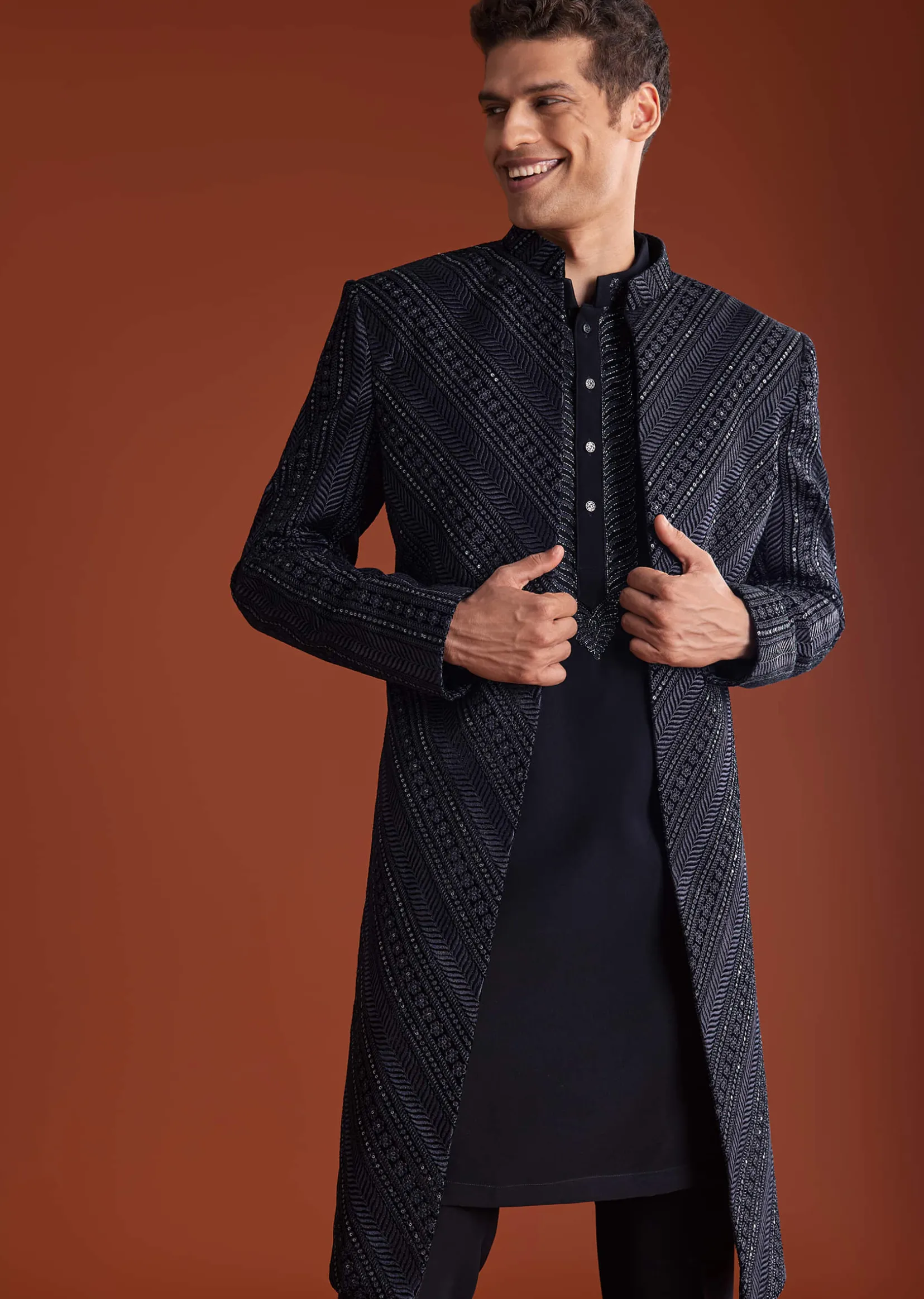 Blue Velvet Indowestern Suit With Cutdana And Thread Work