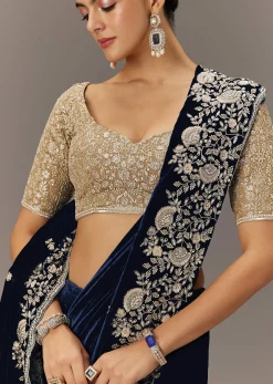 Blue Velvet Saree With Brocade Embroidered Blouse
