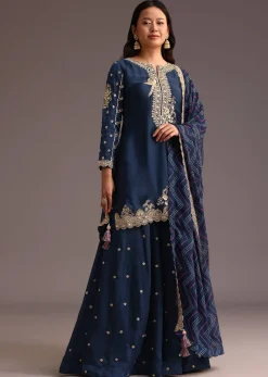 Blue Zari Work Palazzo Suit With Organza Dupatta