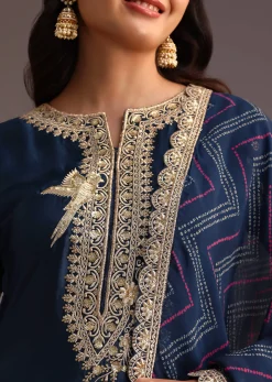 Blue Zari Work Palazzo Suit With Organza Dupatta