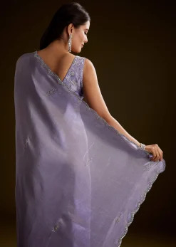 Blush Grey Tissue Saree With Cutdana And Sequins Embroidery And Scallop Border