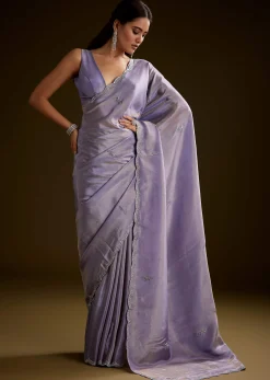 Blush Grey Tissue Saree With Cutdana And Sequins Embroidery And Scallop Border