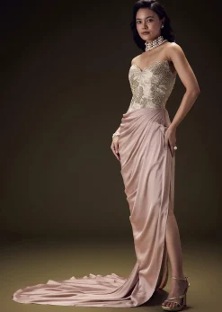 Blush Peach Embroidered Brocade Corset Gown With Drape And Side Slit